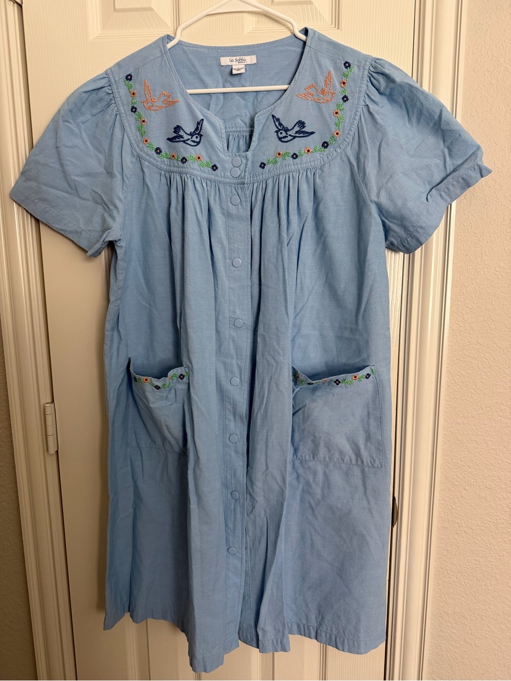 Go Softly Patio L Blue Embroidered Swallow Bird Floral Cotton House Dress